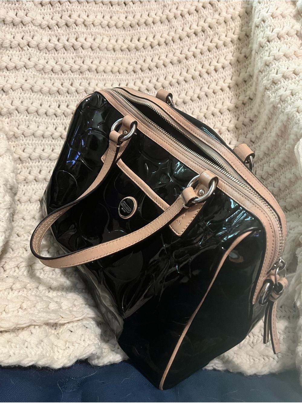 Black Patent Dome Satchel with Blush Trim